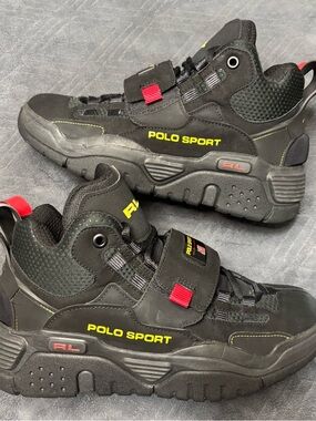 Polo Ralph Lauren Sport PS100 Black High-Top Sneakers with Yellow & Red Accents